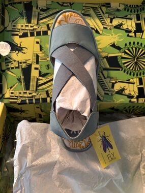 NEW Fly London Cupido Pale Blue Leather Strap Wedges | Women's 36 (5.5/6)